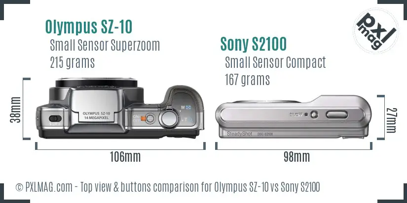 Olympus SZ-10 vs Sony S2100 top view buttons comparison