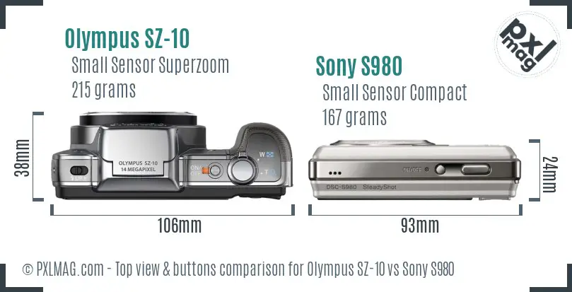 Olympus SZ-10 vs Sony S980 top view buttons comparison