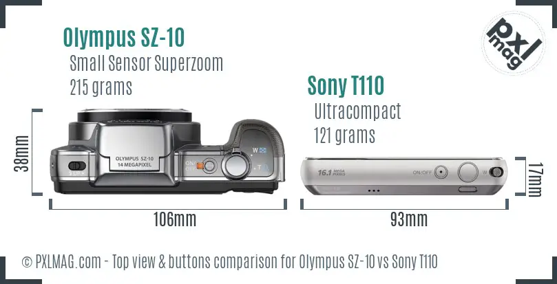 Olympus SZ-10 vs Sony T110 top view buttons comparison