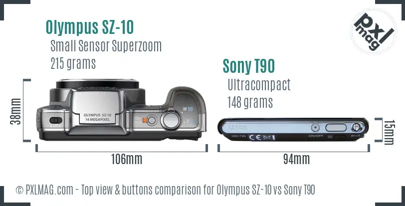 Olympus SZ-10 vs Sony T90 top view buttons comparison