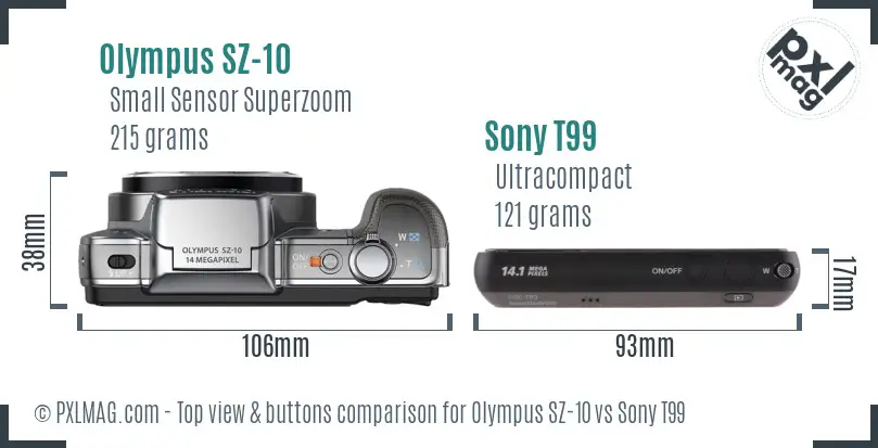 Olympus SZ-10 vs Sony T99 top view buttons comparison