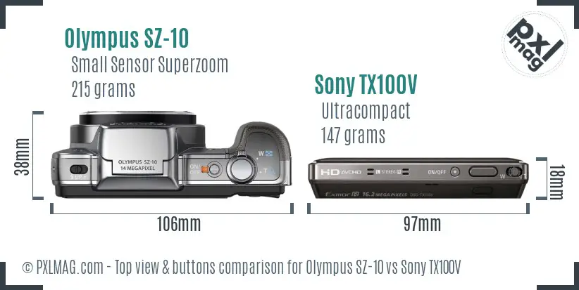 Olympus SZ-10 vs Sony TX100V top view buttons comparison