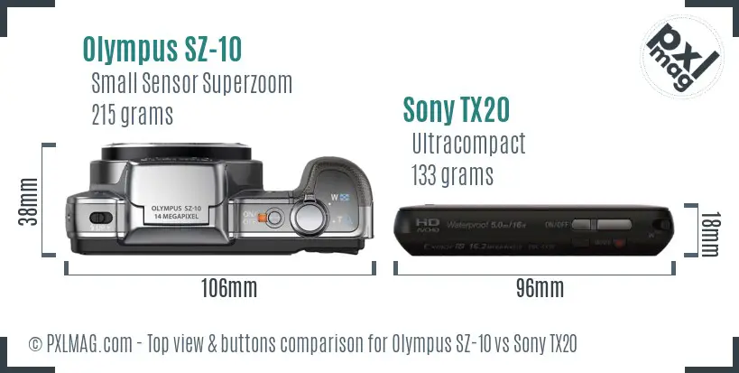 Olympus SZ-10 vs Sony TX20 top view buttons comparison