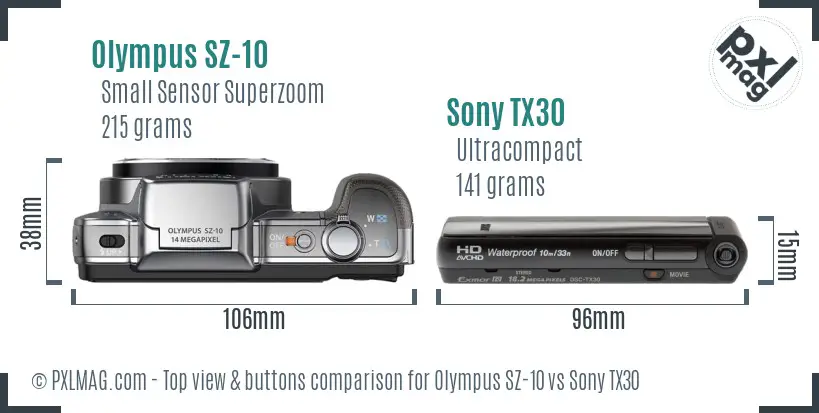 Olympus SZ-10 vs Sony TX30 top view buttons comparison