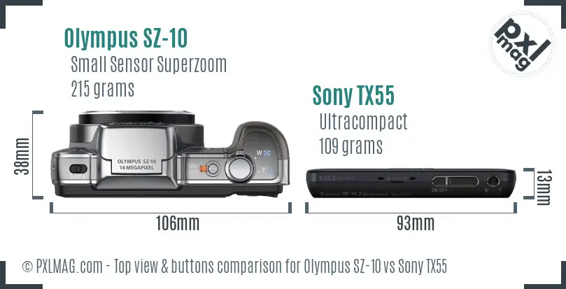 Olympus SZ-10 vs Sony TX55 top view buttons comparison