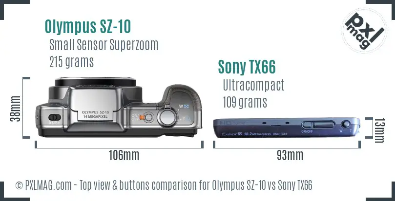 Olympus SZ-10 vs Sony TX66 top view buttons comparison