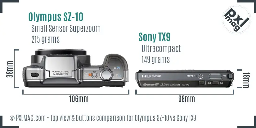 Olympus SZ-10 vs Sony TX9 top view buttons comparison