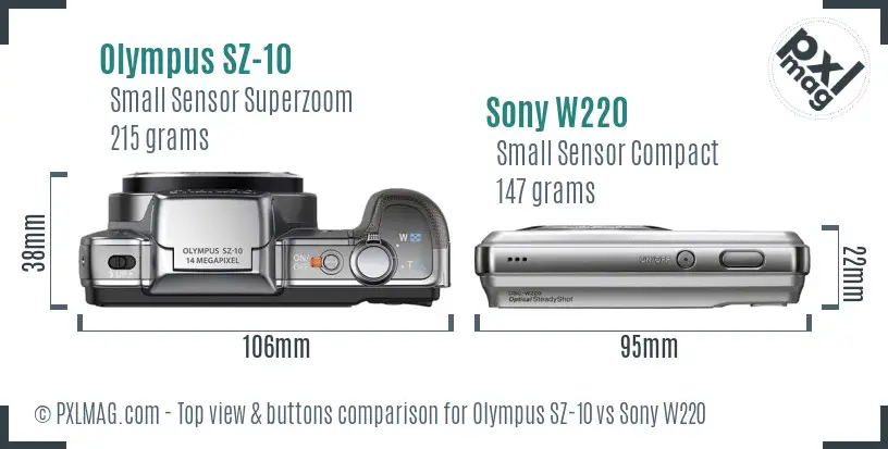 Olympus SZ-10 vs Sony W220 top view buttons comparison