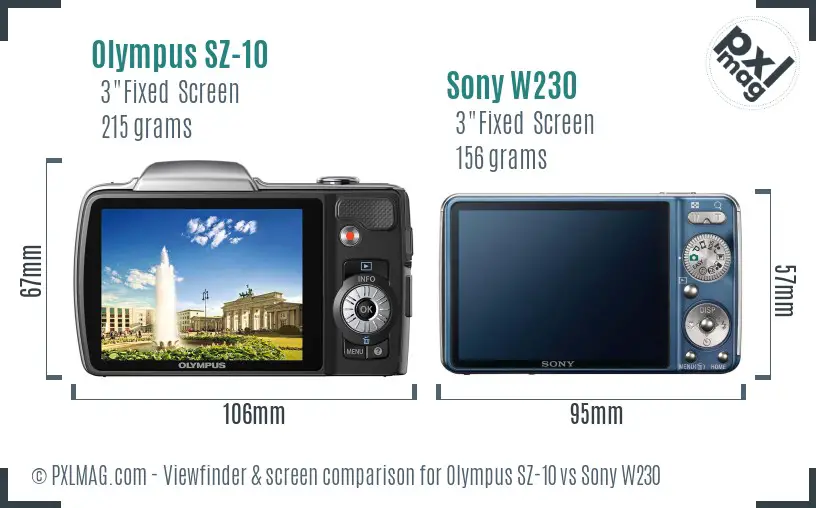 Olympus SZ-10 vs Sony W230 Screen and Viewfinder comparison