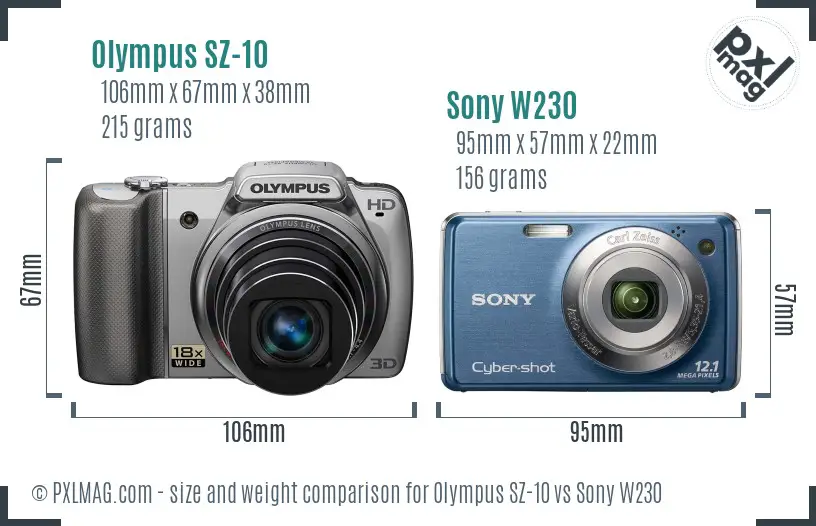 Olympus SZ-10 vs Sony W230 size comparison