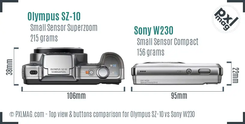 Olympus SZ-10 vs Sony W230 top view buttons comparison