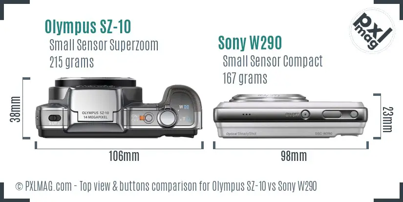 Olympus SZ-10 vs Sony W290 top view buttons comparison