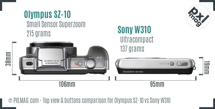 Olympus SZ-10 vs Sony W310 top view buttons comparison