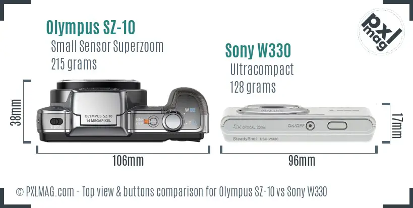 Olympus SZ-10 vs Sony W330 top view buttons comparison