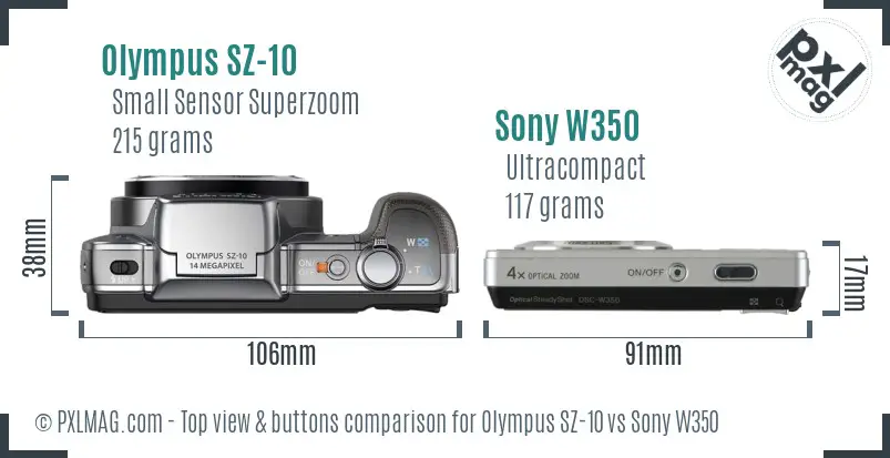 Olympus SZ-10 vs Sony W350 top view buttons comparison