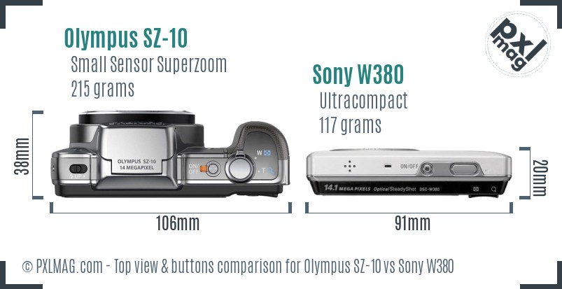 Olympus SZ-10 vs Sony W380 top view buttons comparison