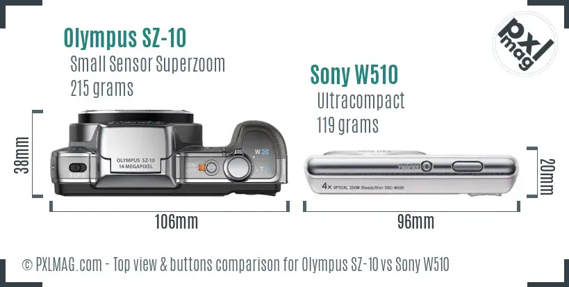 Olympus SZ-10 vs Sony W510 top view buttons comparison