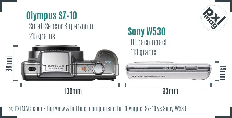 Olympus SZ-10 vs Sony W530 top view buttons comparison