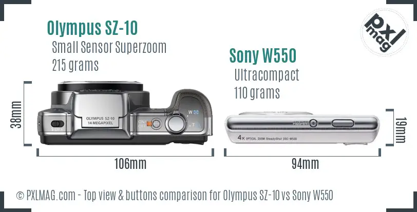 Olympus SZ-10 vs Sony W550 top view buttons comparison