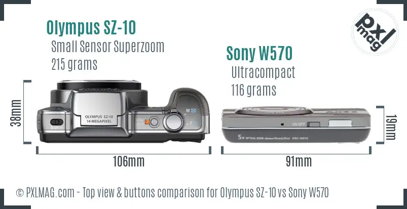Olympus SZ-10 vs Sony W570 top view buttons comparison