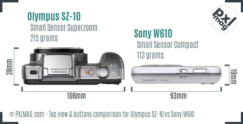 Olympus SZ-10 vs Sony W610 top view buttons comparison