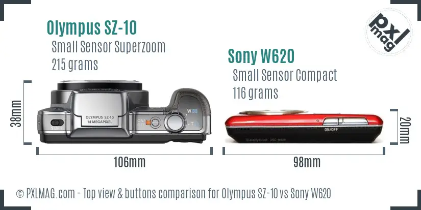 Olympus SZ-10 vs Sony W620 top view buttons comparison