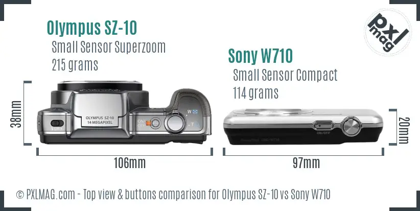 Olympus SZ-10 vs Sony W710 top view buttons comparison