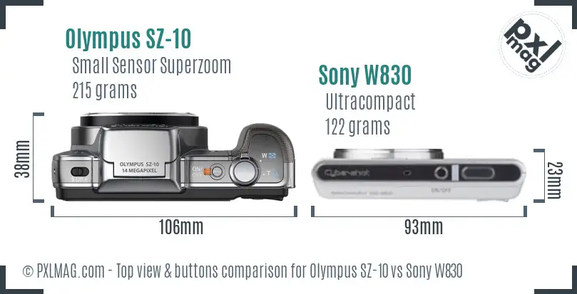 Olympus SZ-10 vs Sony W830 top view buttons comparison