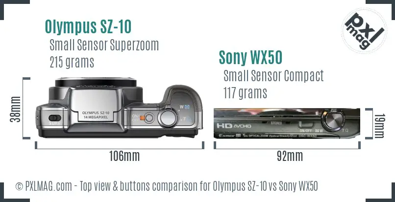 Olympus SZ-10 vs Sony WX50 top view buttons comparison