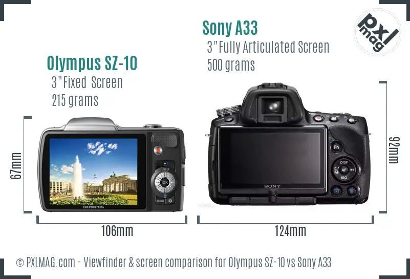 Olympus SZ-10 vs Sony A33 Screen and Viewfinder comparison