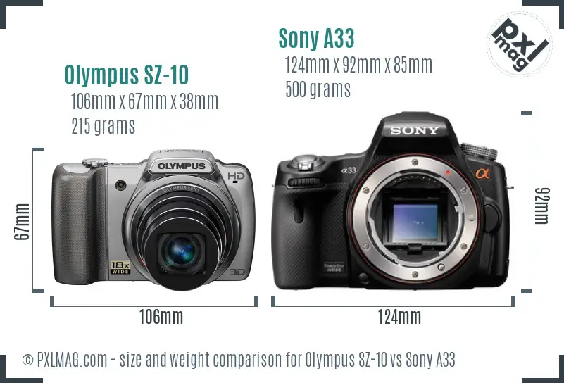 Olympus SZ-10 vs Sony A33 size comparison