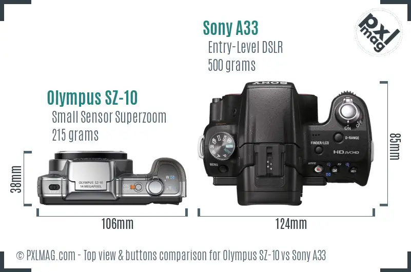 Olympus SZ-10 vs Sony A33 top view buttons comparison