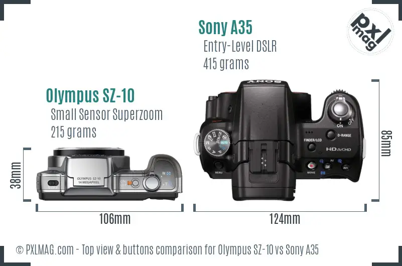 Olympus SZ-10 vs Sony A35 top view buttons comparison