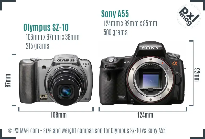 Olympus SZ-10 vs Sony A55 size comparison