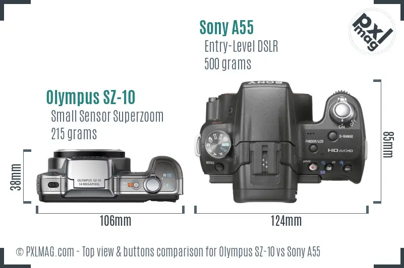 Olympus SZ-10 vs Sony A55 top view buttons comparison