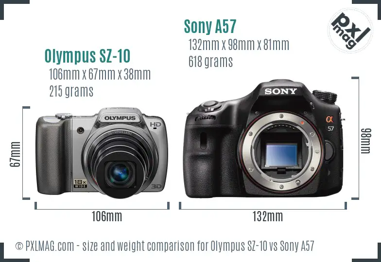 Olympus SZ-10 vs Sony A57 size comparison