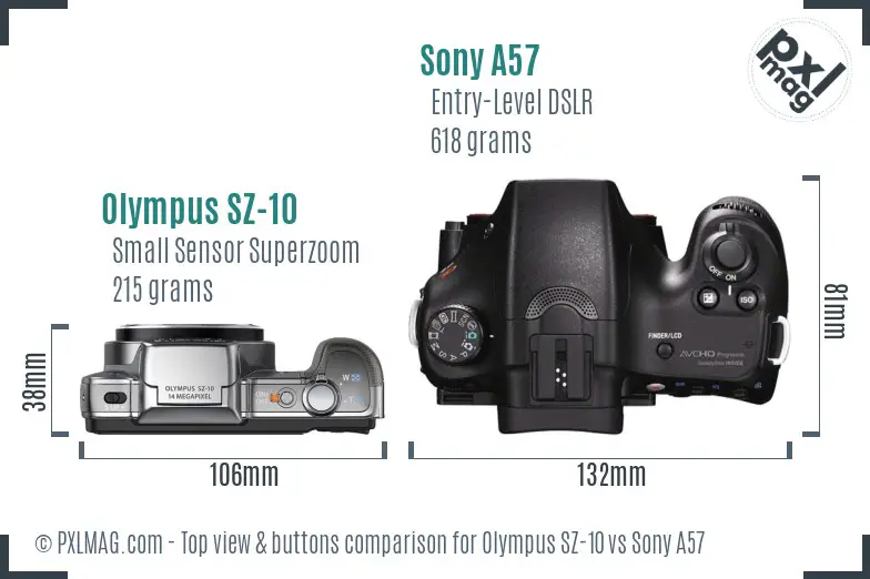Olympus SZ-10 vs Sony A57 top view buttons comparison