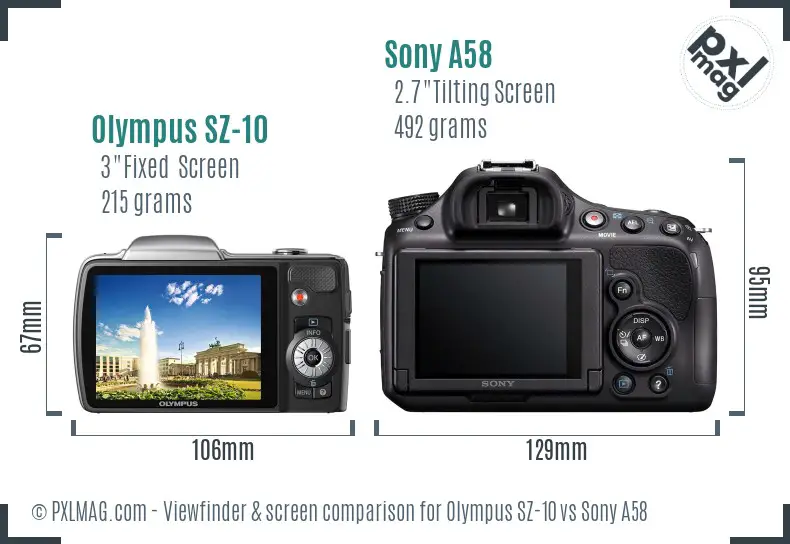 Olympus SZ-10 vs Sony A58 Screen and Viewfinder comparison