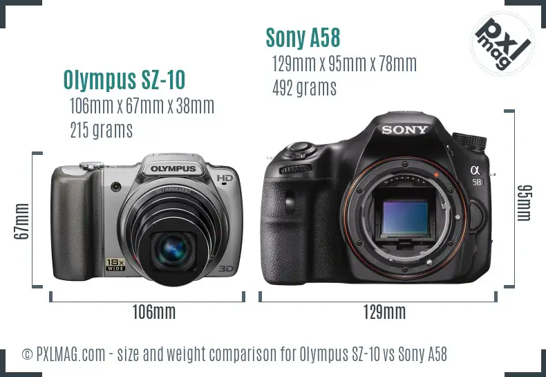 Olympus SZ-10 vs Sony A58 size comparison