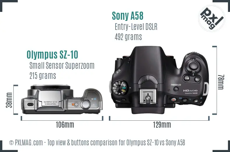 Olympus SZ-10 vs Sony A58 top view buttons comparison