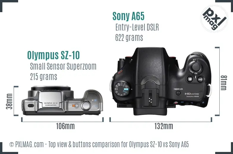 Olympus SZ-10 vs Sony A65 top view buttons comparison