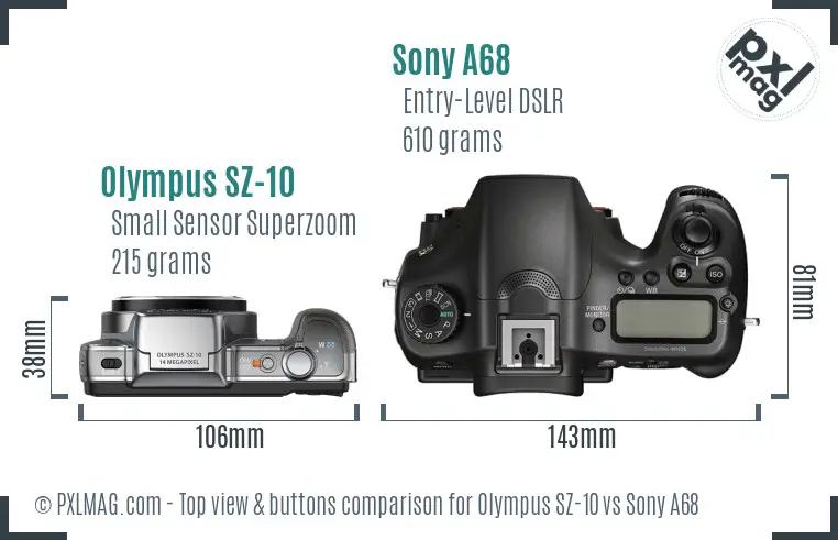 Olympus SZ-10 vs Sony A68 top view buttons comparison