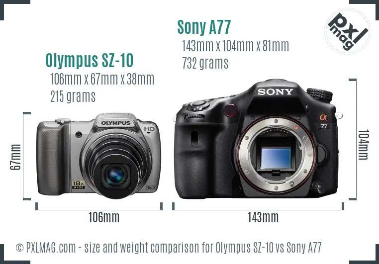 Olympus SZ-10 vs Sony A77 size comparison