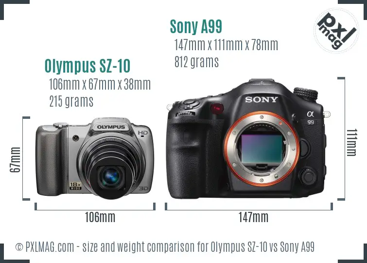 Olympus SZ-10 vs Sony A99 size comparison