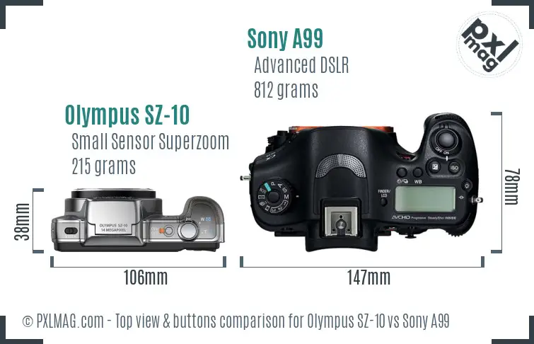 Olympus SZ-10 vs Sony A99 top view buttons comparison