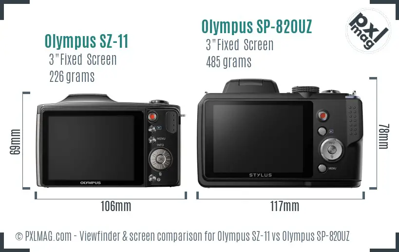 Olympus SZ-11 vs Olympus SP-820UZ Screen and Viewfinder comparison