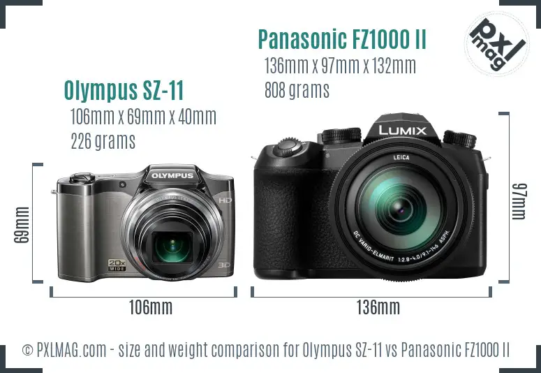 Olympus SZ-11 vs Panasonic FZ1000 II size comparison Olympus SZ-11 vs Panasonic FZ1000 II size comparison