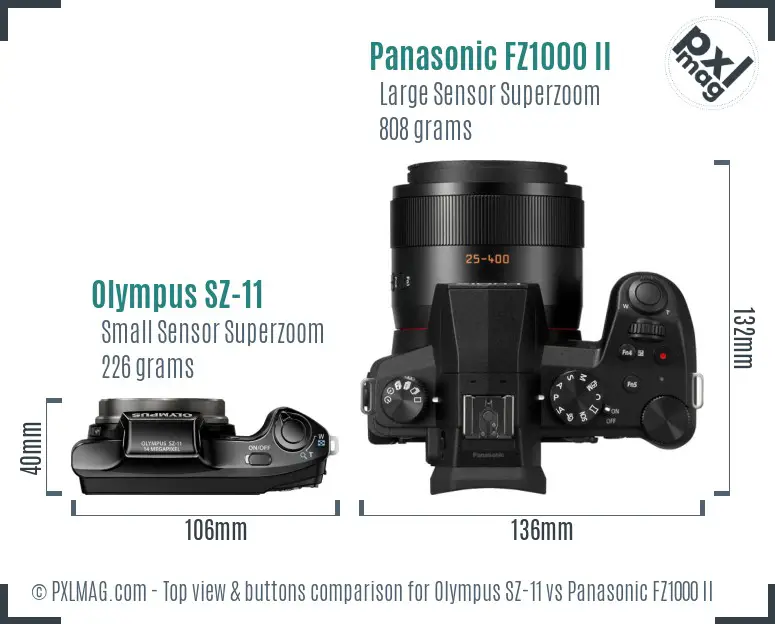 Olympus SZ-11 vs Panasonic FZ1000 II top view buttons comparison