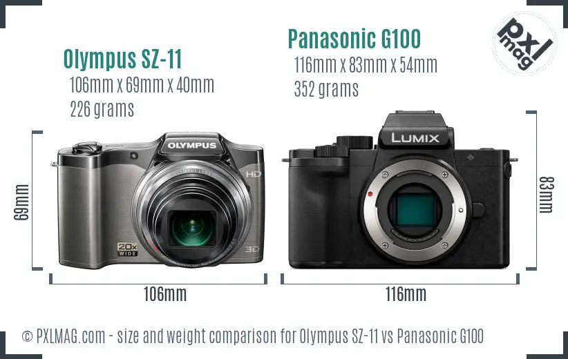 Olympus SZ-11 vs Panasonic G100 size comparison