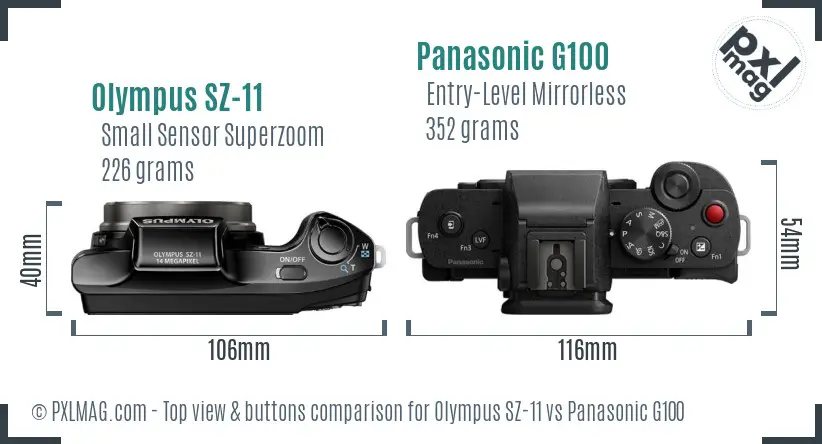 Olympus SZ-11 vs Panasonic G100 top view buttons comparison